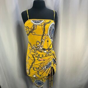 Q USA Bodycon‎ Dress Women Small Yellow Chain Print Ruched Drawstring Sleeveless